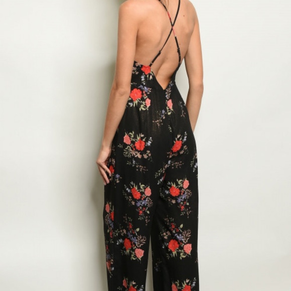 Black & Gold Floral Wide Leg Romper Jumpsuit L - Picture 2 of 3